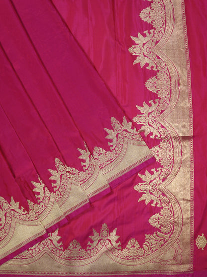 VIRASAT 445:Peachy Pink Dual Shade Pure Katan Silk Saree with Kadwa Zari Scallop Border | Silk Mark Certified