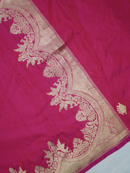 VIRASAT 445:Peachy Pink Dual Shade Pure Katan Silk Saree with Kadwa Zari Scallop Border | Silk Mark Certified