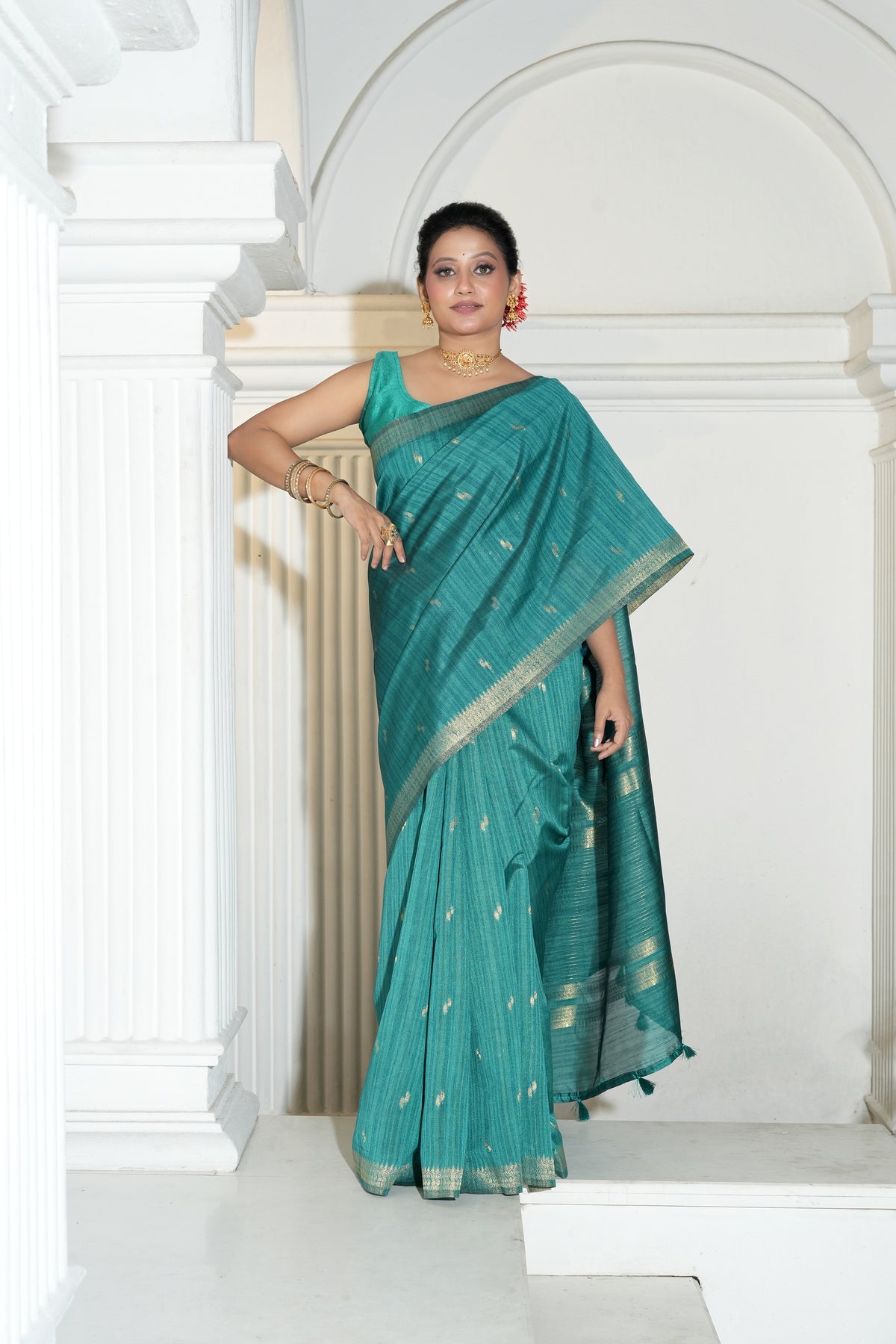 UTSAV BANARAS 524: Midnight Green Raw Silk Saree with Delicate Zari Border