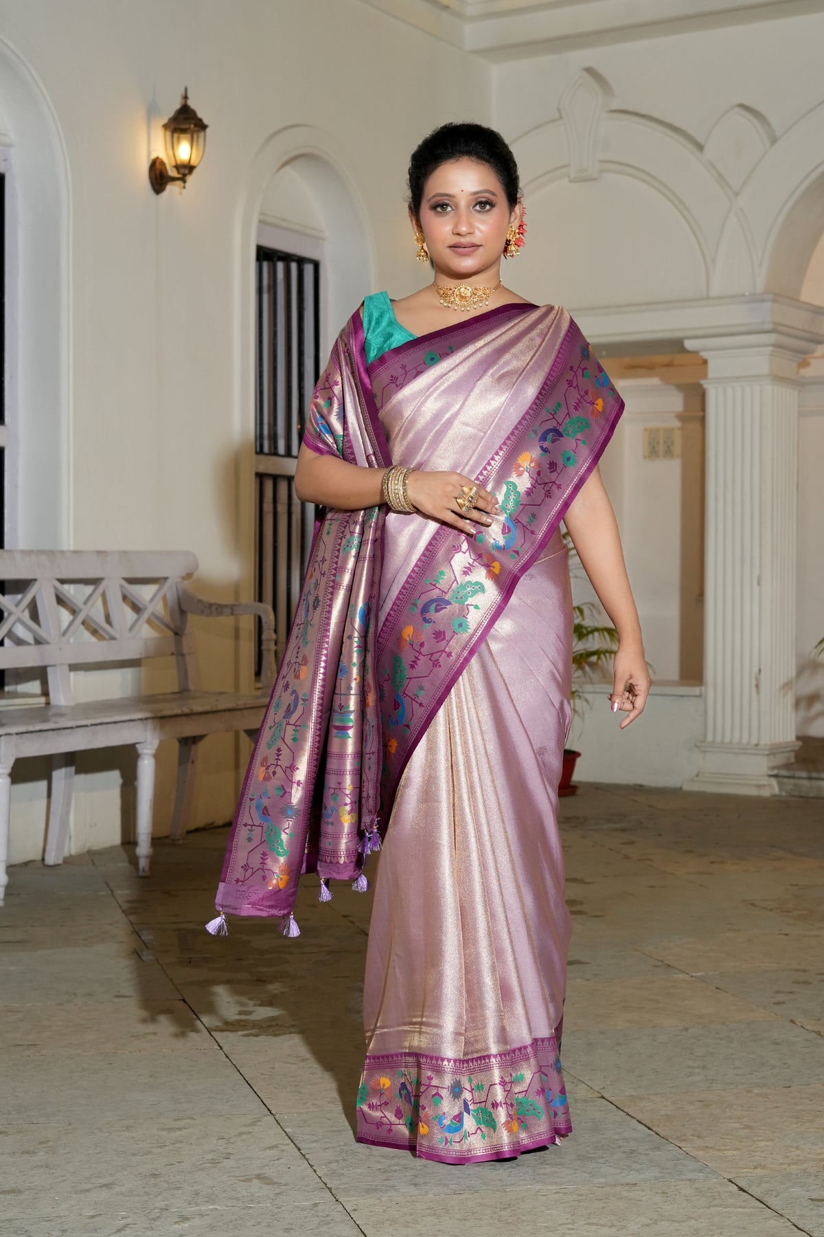 UTSAV BANARAS 545: Onion Pink Tissue Silk Saree with Silver Buti &amp; Paithani Border
