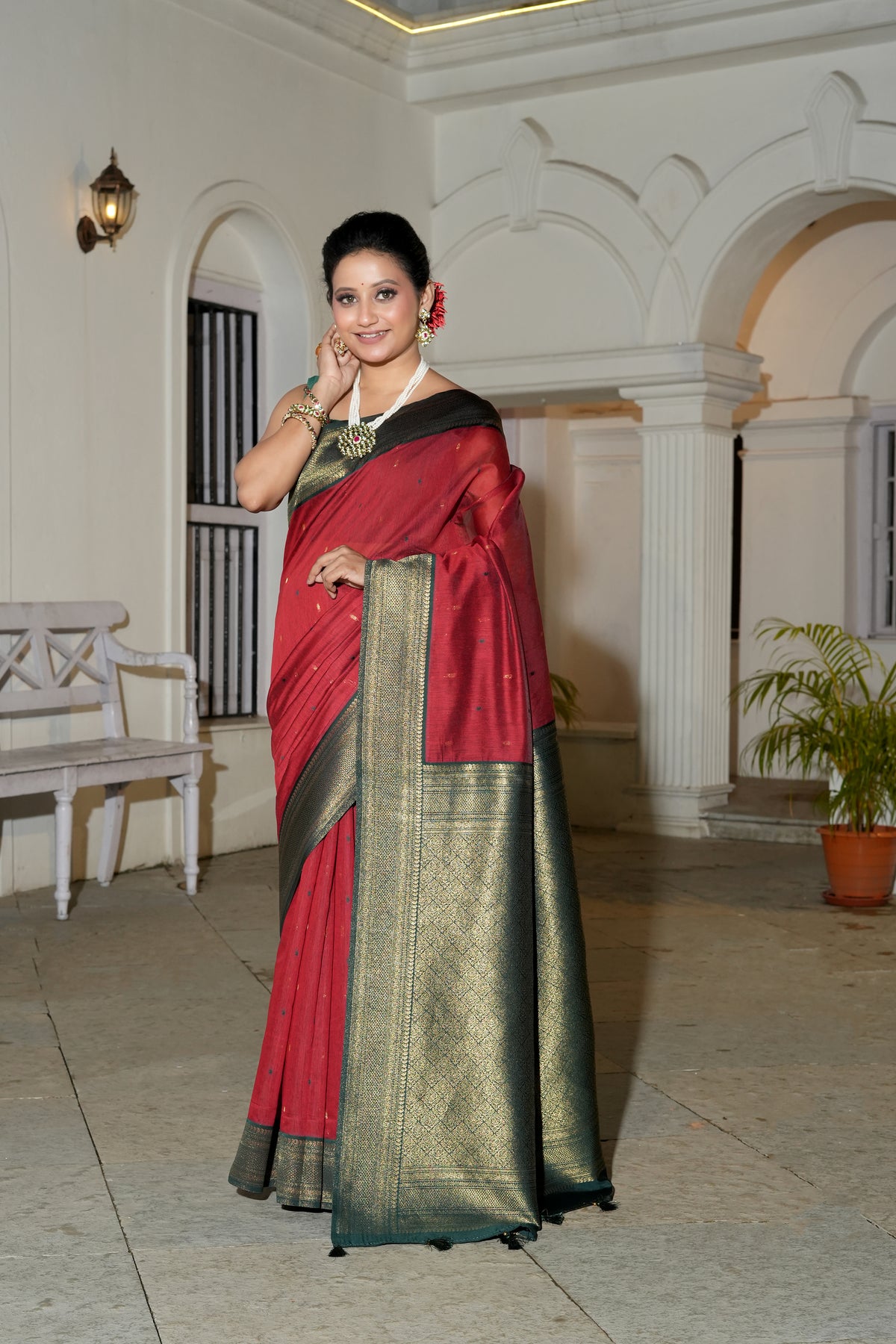 UTSAV BANARAS 520: Nude Red Raw Silk Saree with Contrasting Zari Border &amp; Heavy Zari Palla