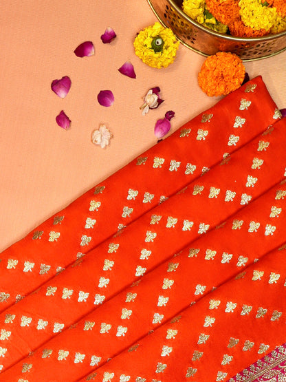 Waah Banaras173E:  Tangerine orange Satin Silk Banarasi Saree with Zig-Zag Buti &amp; Contrast Pallu