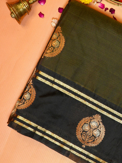 UTSAV BANARAS 497: Olive Green Banarasi Soft Silk Meenakari Zari Saree