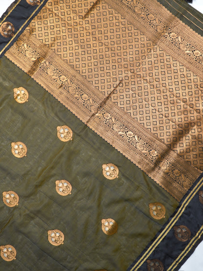 UTSAV BANARAS 497: Olive Green Banarasi Soft Silk Meenakari Zari Saree