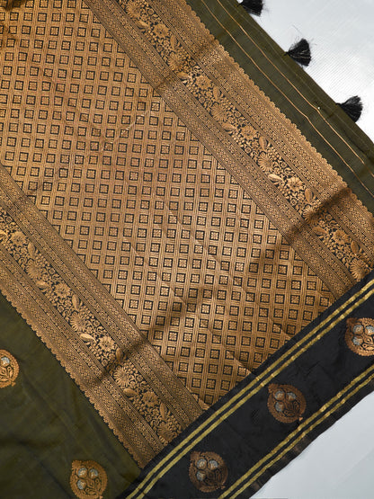 UTSAV BANARAS 497: Olive Green Banarasi Soft Silk Meenakari Zari Saree