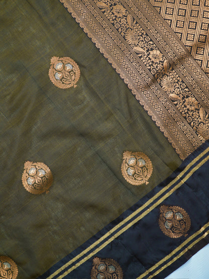 UTSAV BANARAS 497: Olive Green Banarasi Soft Silk Meenakari Zari Saree