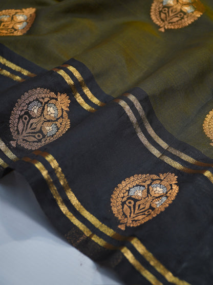 UTSAV BANARAS 497: Olive Green Banarasi Soft Silk Meenakari Zari Saree