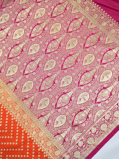 Waah Banaras173E:  Tangerine orange Satin Silk Banarasi Saree with Zig-Zag Buti &amp; Contrast Pallu
