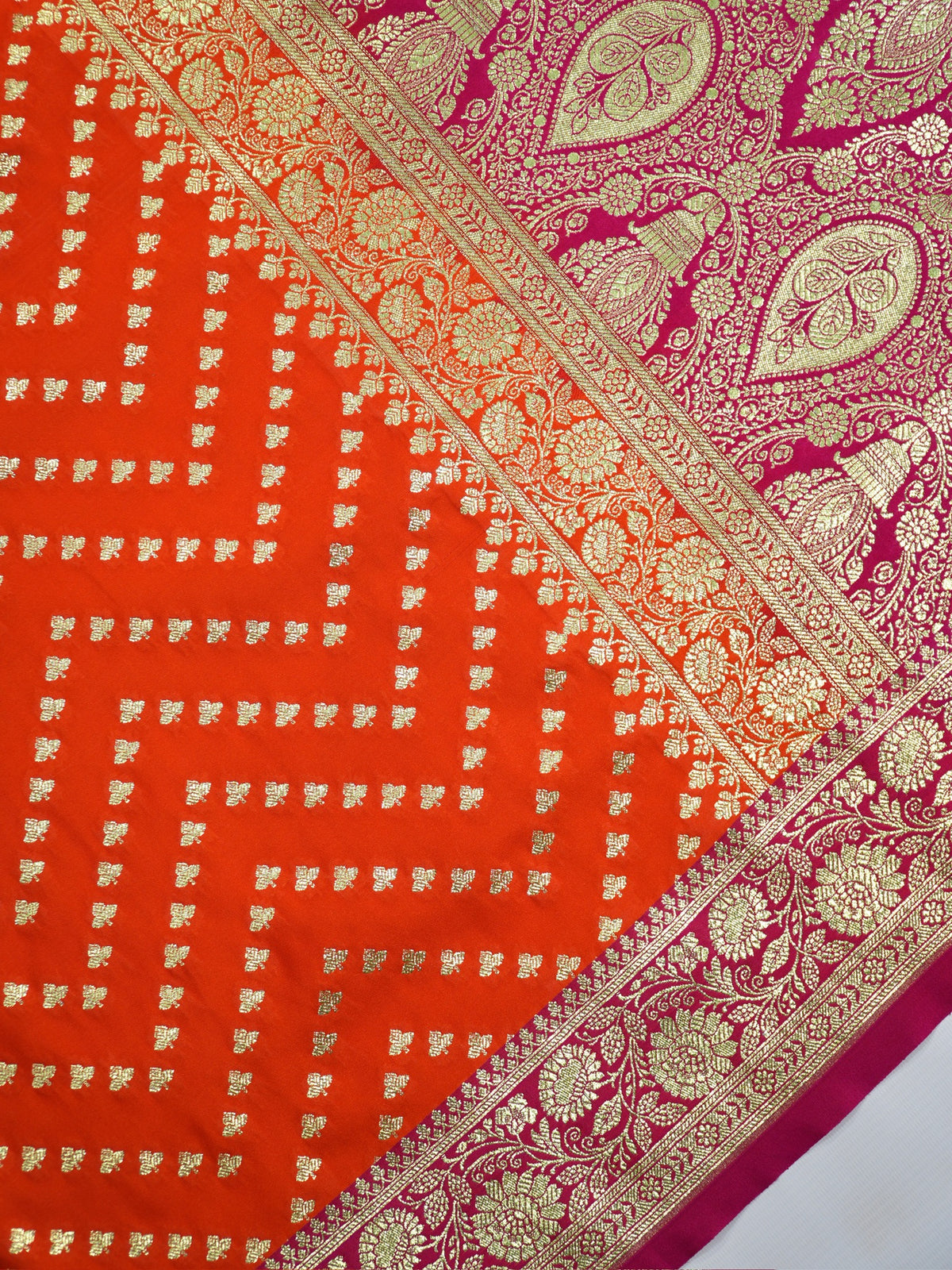 Waah Banaras173E:  Tangerine orange Satin Silk Banarasi Saree with Zig-Zag Buti &amp; Contrast Pallu