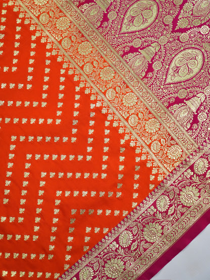 Waah Banaras173E:  Tangerine orange Satin Silk Banarasi Saree with Zig-Zag Buti &amp; Contrast Pallu