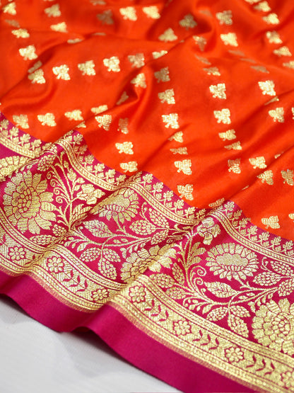 Waah Banaras173E:  Tangerine orange Satin Silk Banarasi Saree with Zig-Zag Buti &amp; Contrast Pallu
