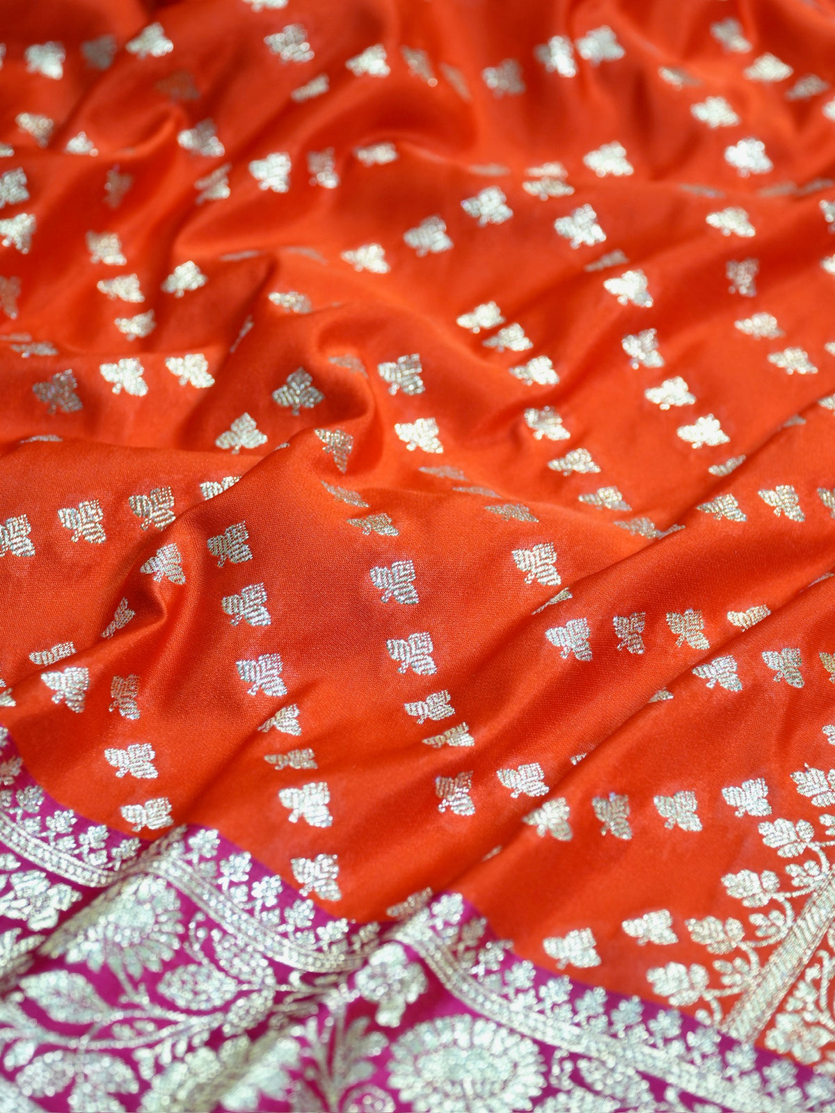 Waah Banaras173E:  Tangerine orange Satin Silk Banarasi Saree with Zig-Zag Buti &amp; Contrast Pallu