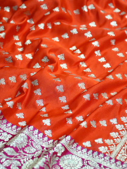 Waah Banaras173E:  Tangerine orange Satin Silk Banarasi Saree with Zig-Zag Buti &amp; Contrast Pallu