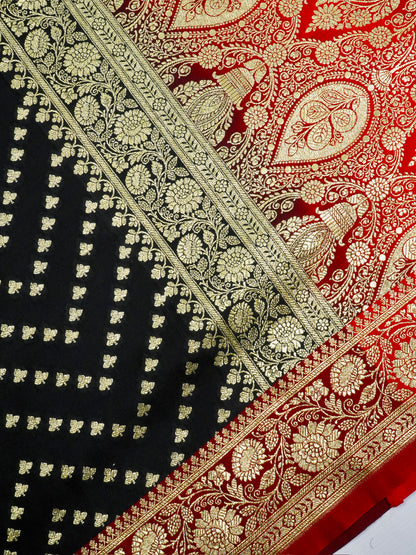 Waah Banaras173C: Rich Black Satin Silk Banarasi Saree with Zig Zag Buti &amp; Contrast Pallu