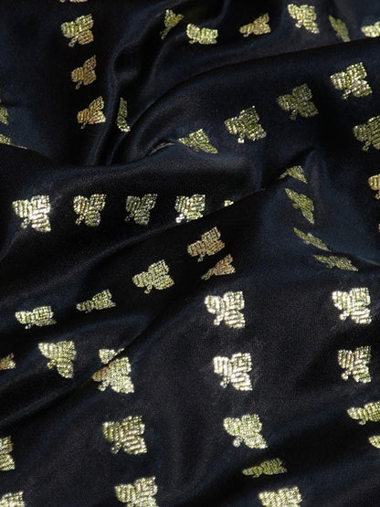 Waah Banaras173C: Rich Black Satin Silk Banarasi Saree with Zig Zag Buti &amp; Contrast Pallu