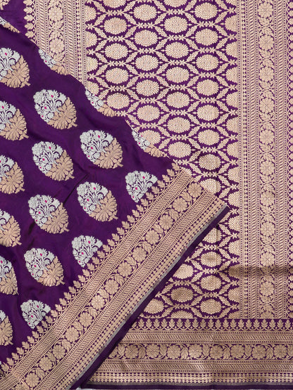 VIRASAT 202: Dark Purple Pure Handloom Katan Silk Meenakari Celebrity Inspired Abeer Buta Saree