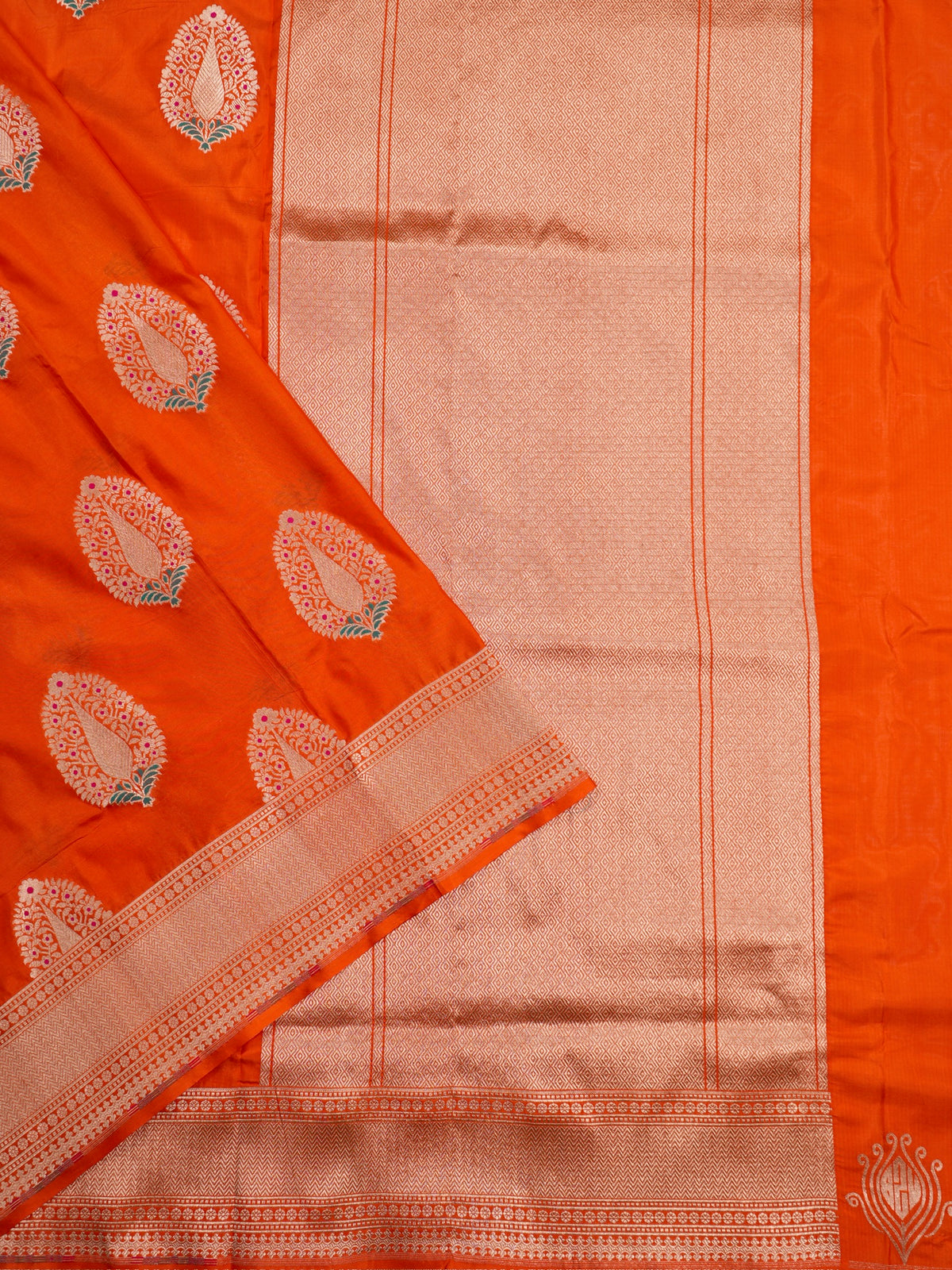 VIRASAT 03C: Sunhara Orange Pure Handloom Katan Silk Meenakari Celebrity Inspired Abeer Buta Saree