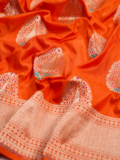 VIRASAT 03C: Sunhara Orange Pure Handloom Katan Silk Meenakari Celebrity Inspired Abeer Buta Saree