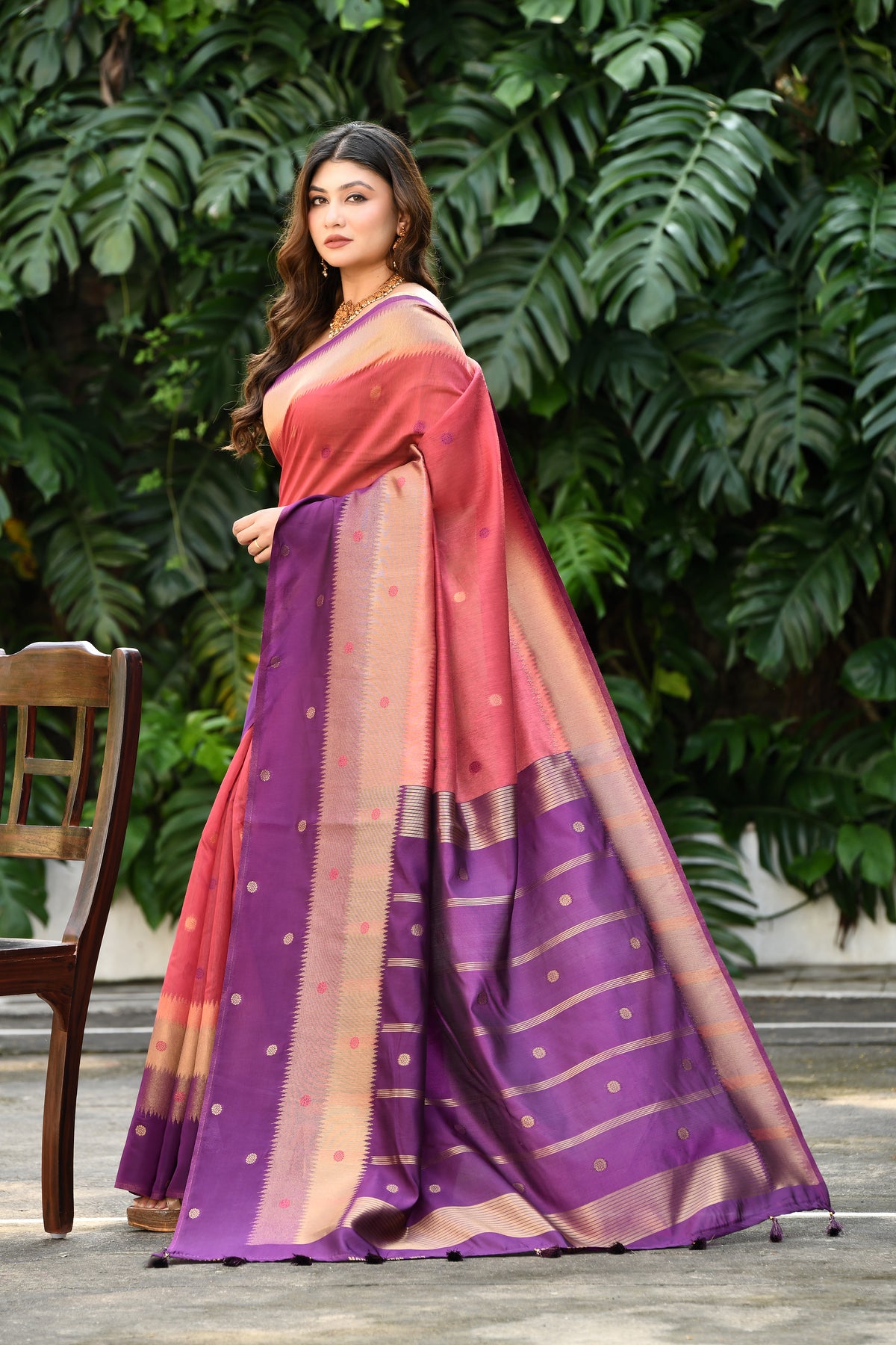 UTSAV BANARAS 526: Peach Pink Soft Silk Saree with Heavy Dual Zari Border