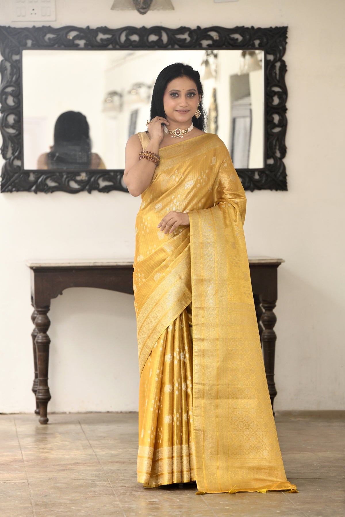 UTSAV BANARAS 546: Dull Gold Tissue Silk Saree with Floral &amp; Check Pattern Border
