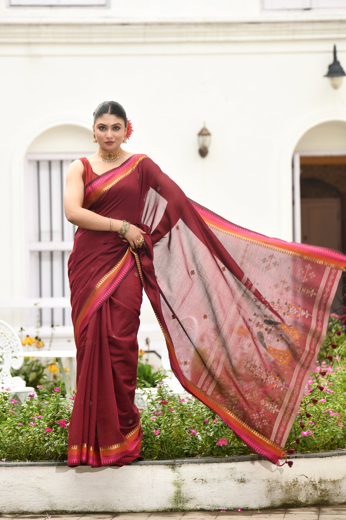 UTSAV BANARAS 513: Deep Maroon Soft Cotton Silk Saree with Ganga Jamuna Border &amp; Delicate Buti Work