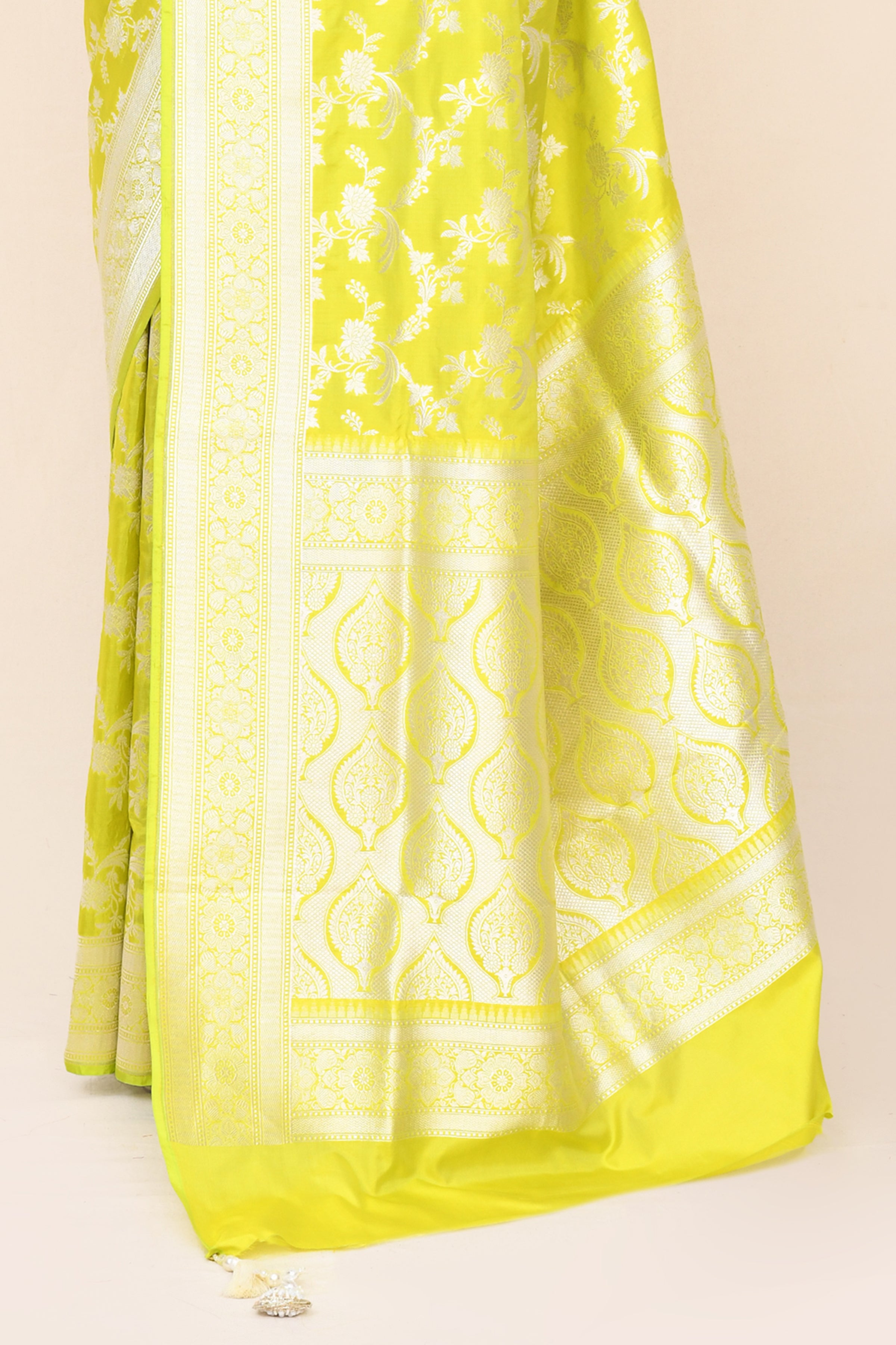 "SILK BANARAS 057" Lemon Pure Banarasi Katan Uppada Saree