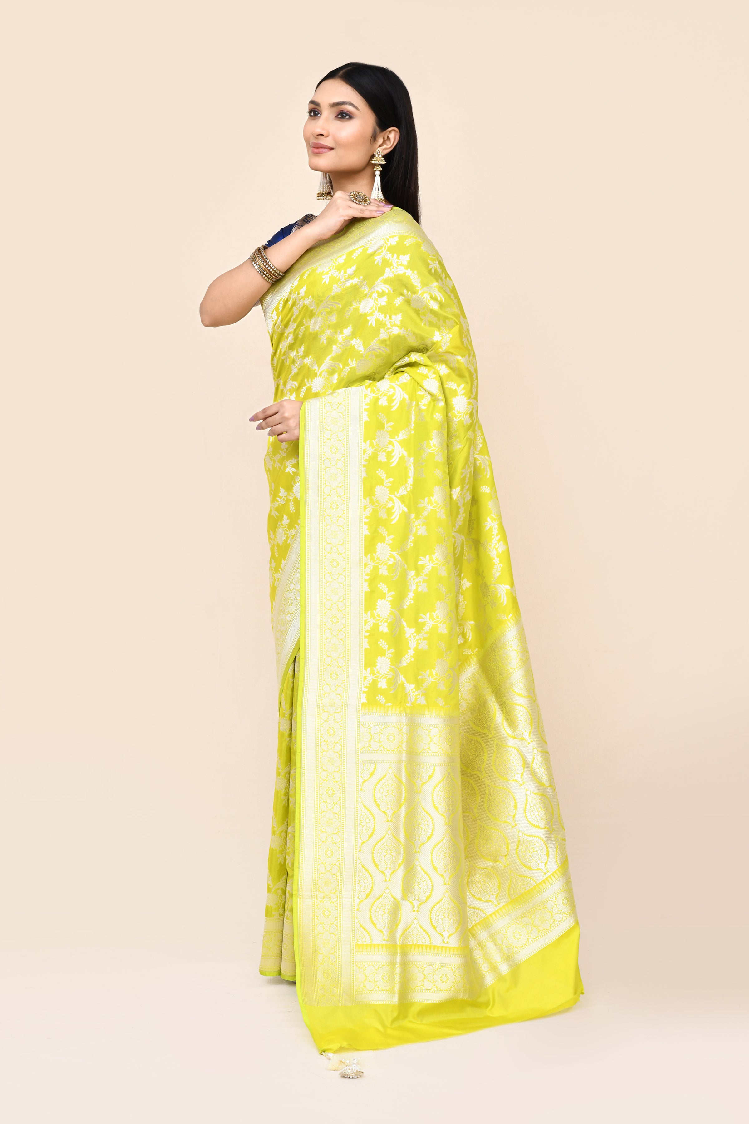 "SILK BANARAS 057" Lemon Pure Banarasi Katan Uppada Saree