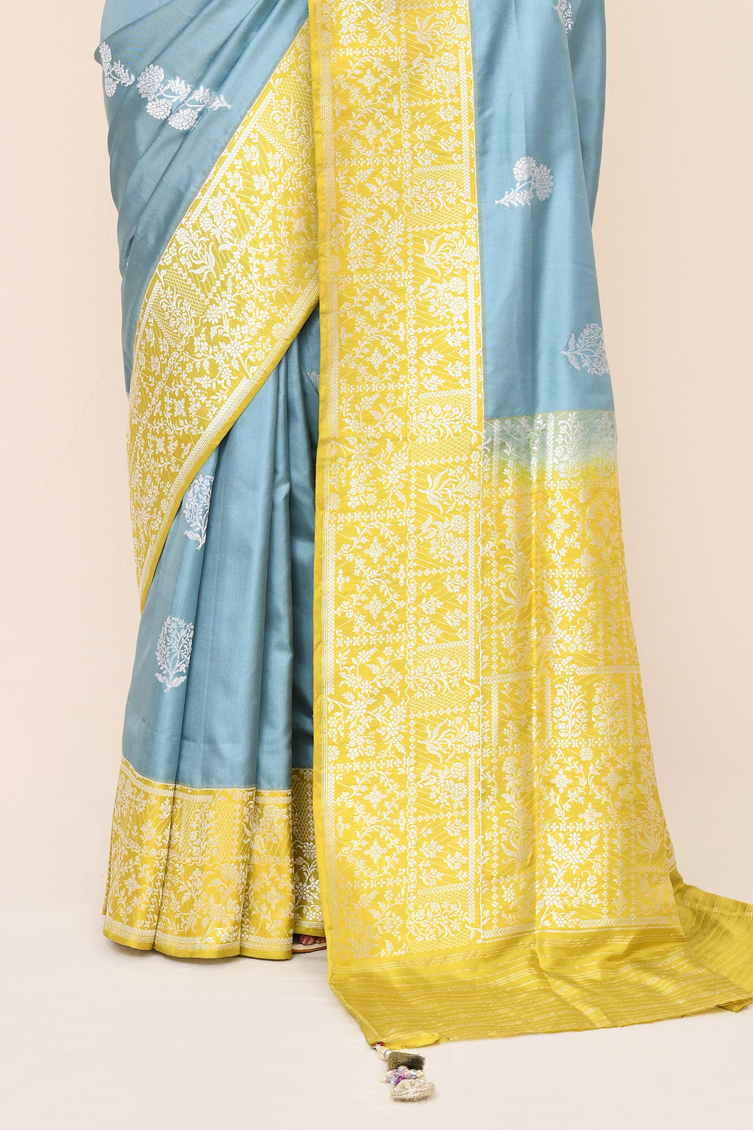 "VIRASAT 180" Light Blue Pure Banarasi Katan Kadwa Handloom Saree