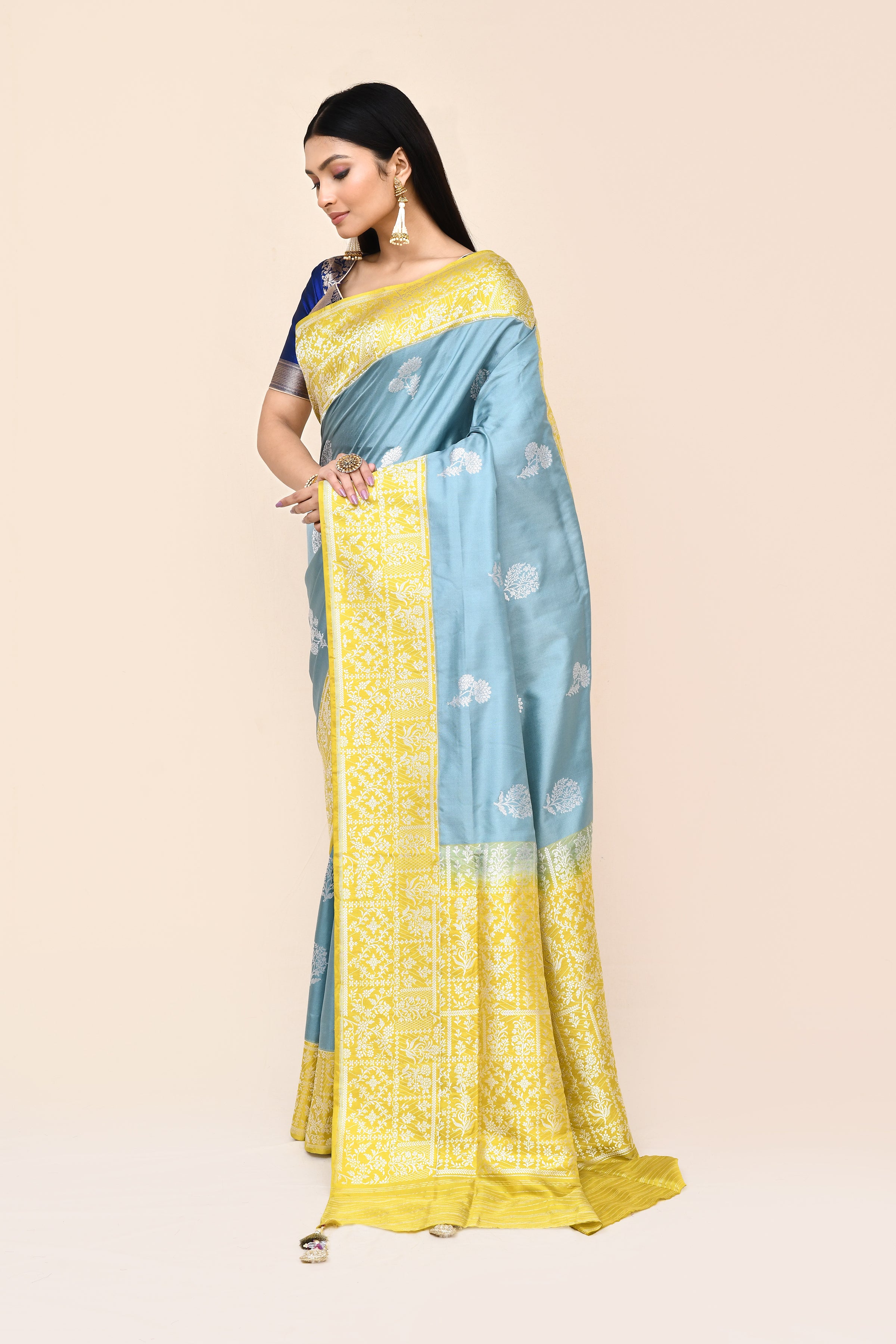 "VIRASAT 180" Light Blue Pure Banarasi Katan Kadwa Handloom Saree