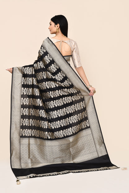 "VIRASAT 186" Pure Handloom Katan Silk Saree With Elegant Vertical Stripes with Traditional Border &amp; Pall