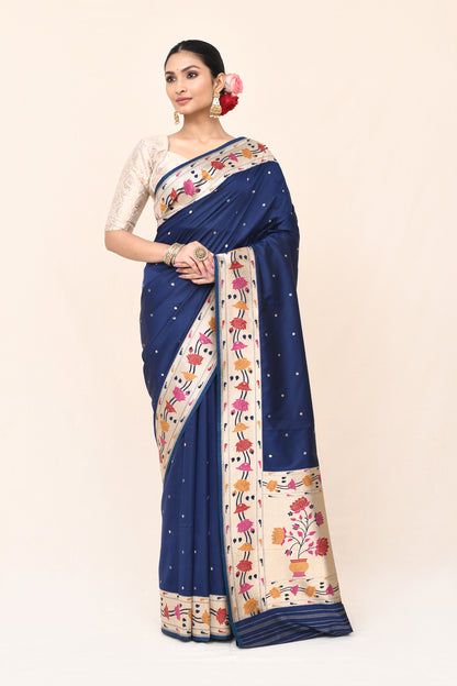 "Mahagauri" Navy Blue Banarasi Silk Katan Paithani Border Pallu Saree