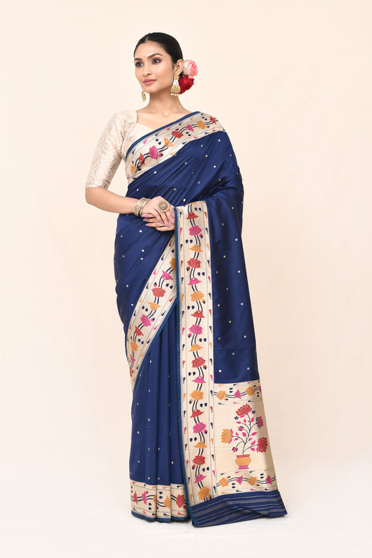"Mahagauri" Navy Blue Banarasi Silk Katan Paithani Border Pallu Saree