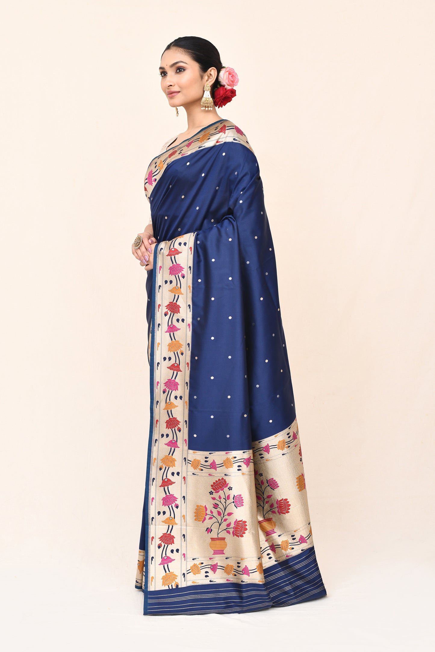 "Mahagauri" Navy Blue Banarasi Silk Katan Paithani Border Pallu Saree