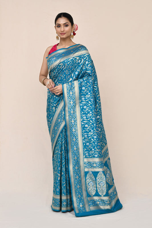"Swetambara" Capri Blue Banarasi Silk Katan Saree