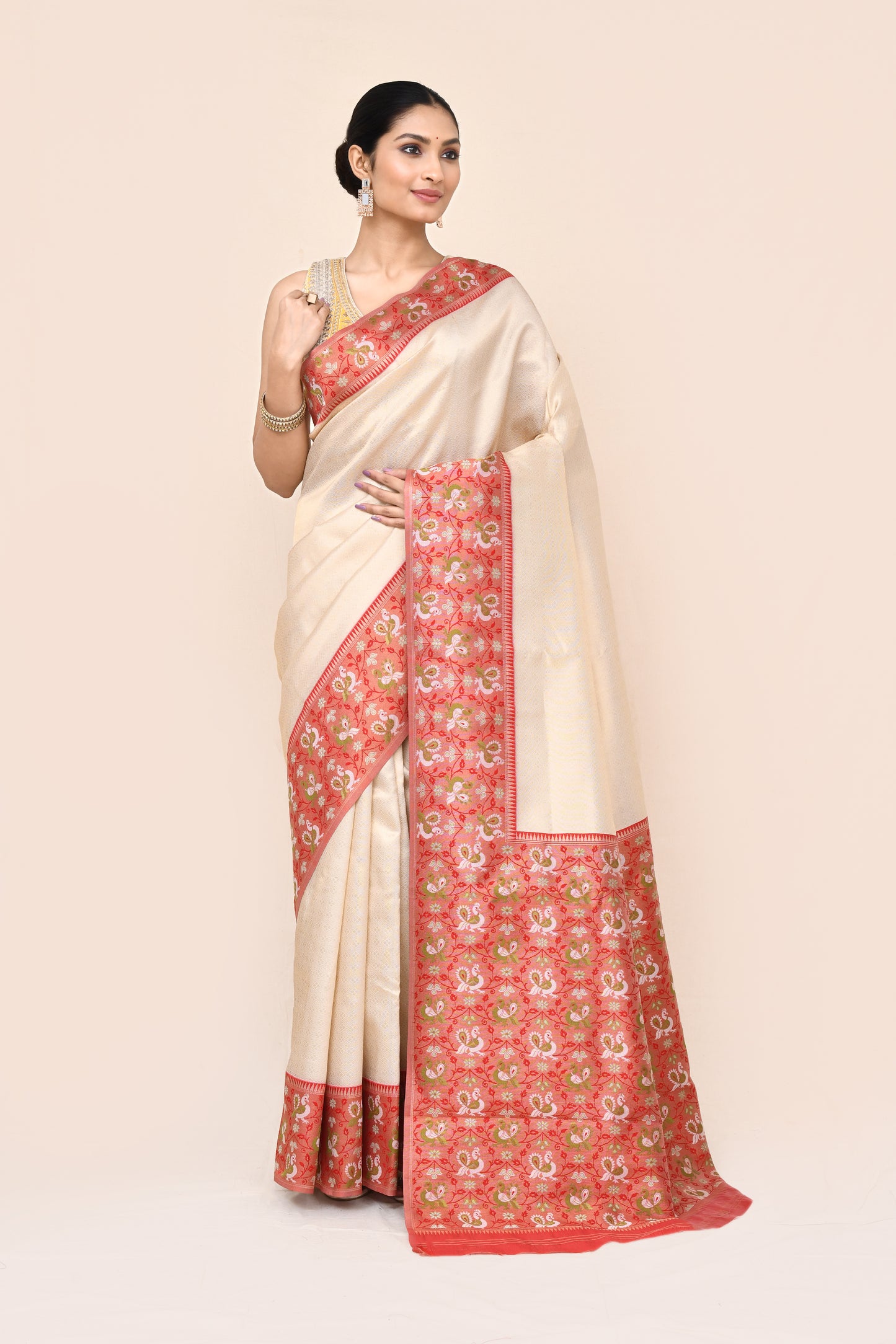 "Tantrip" Cream Banarasi Tanchoi Silk Saree