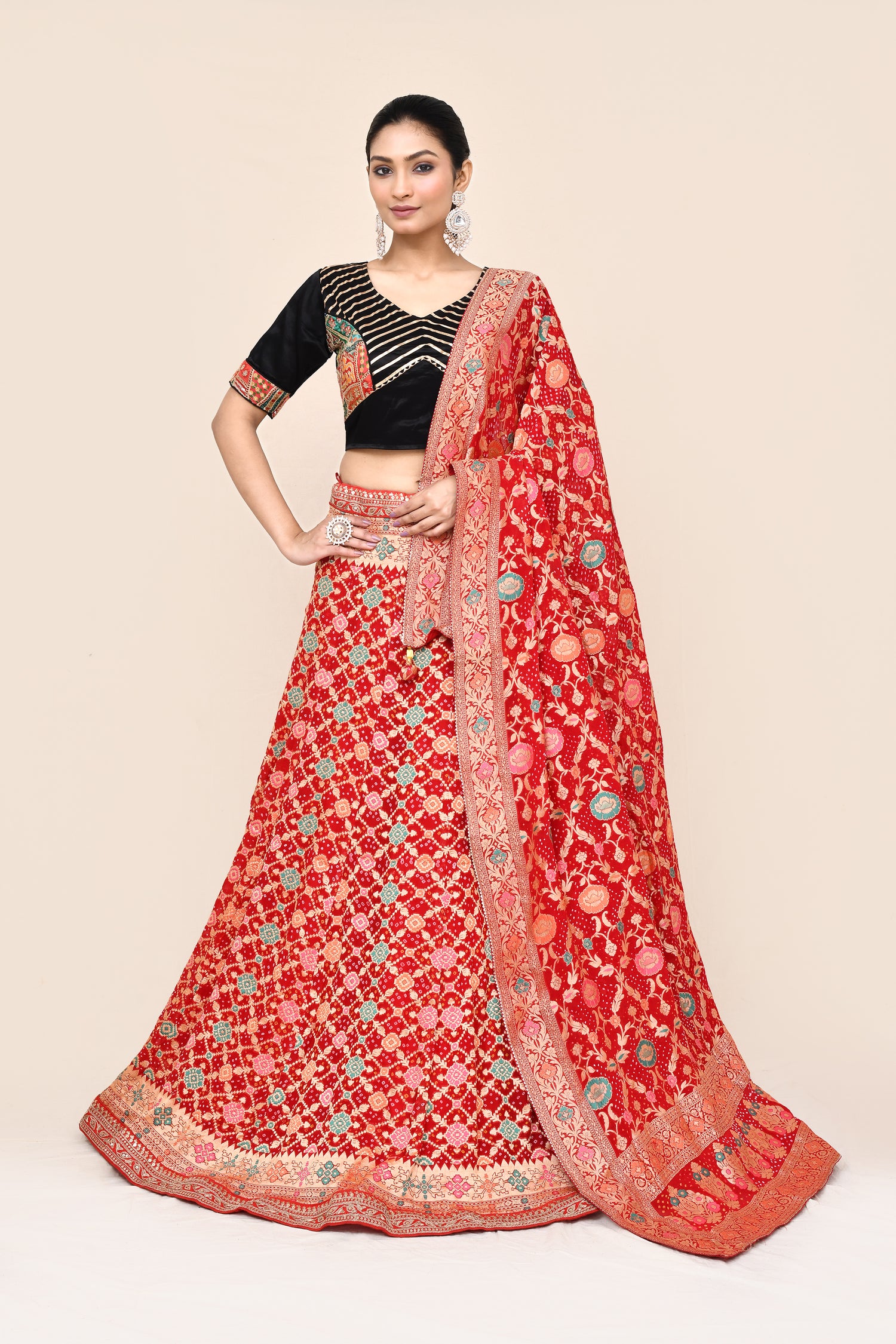 "MANSI 008" Pure Cherry Red Khaddi Georgette Lehenga