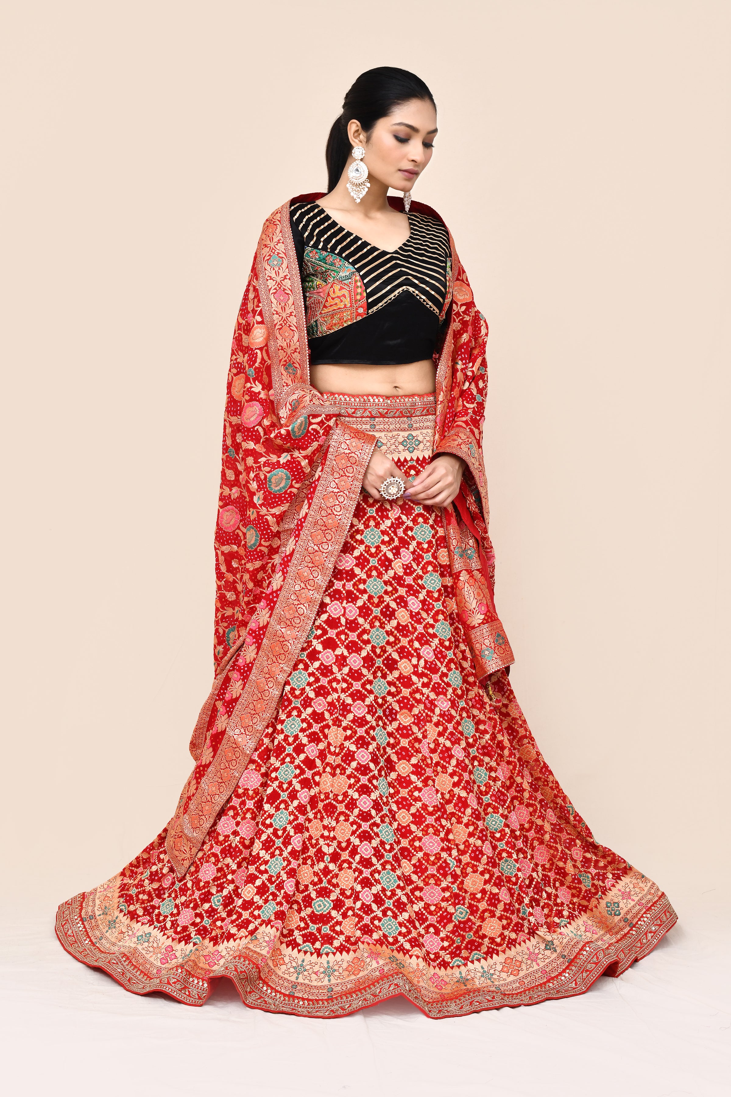 "MANSI 008" Pure Cherry Red Khaddi Georgette Lehenga