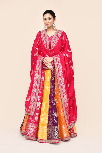 "Nrirupa" Multicolored Pure Banarasi Silk Lehenga With Stitched Blouse