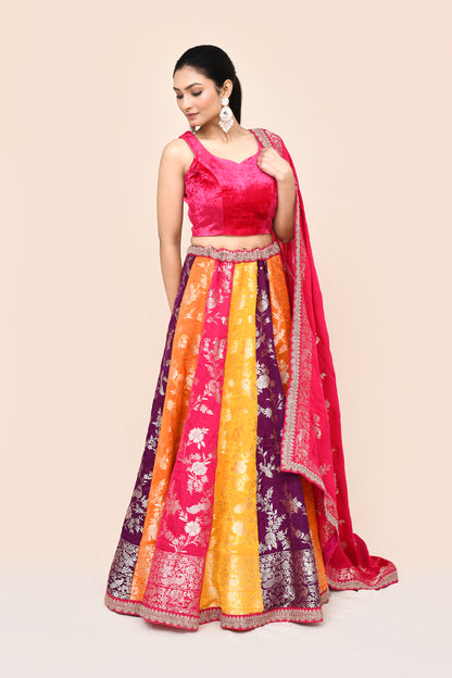 "Nrirupa" Multicolored Pure Banarasi Silk Lehenga With Stitched Blouse