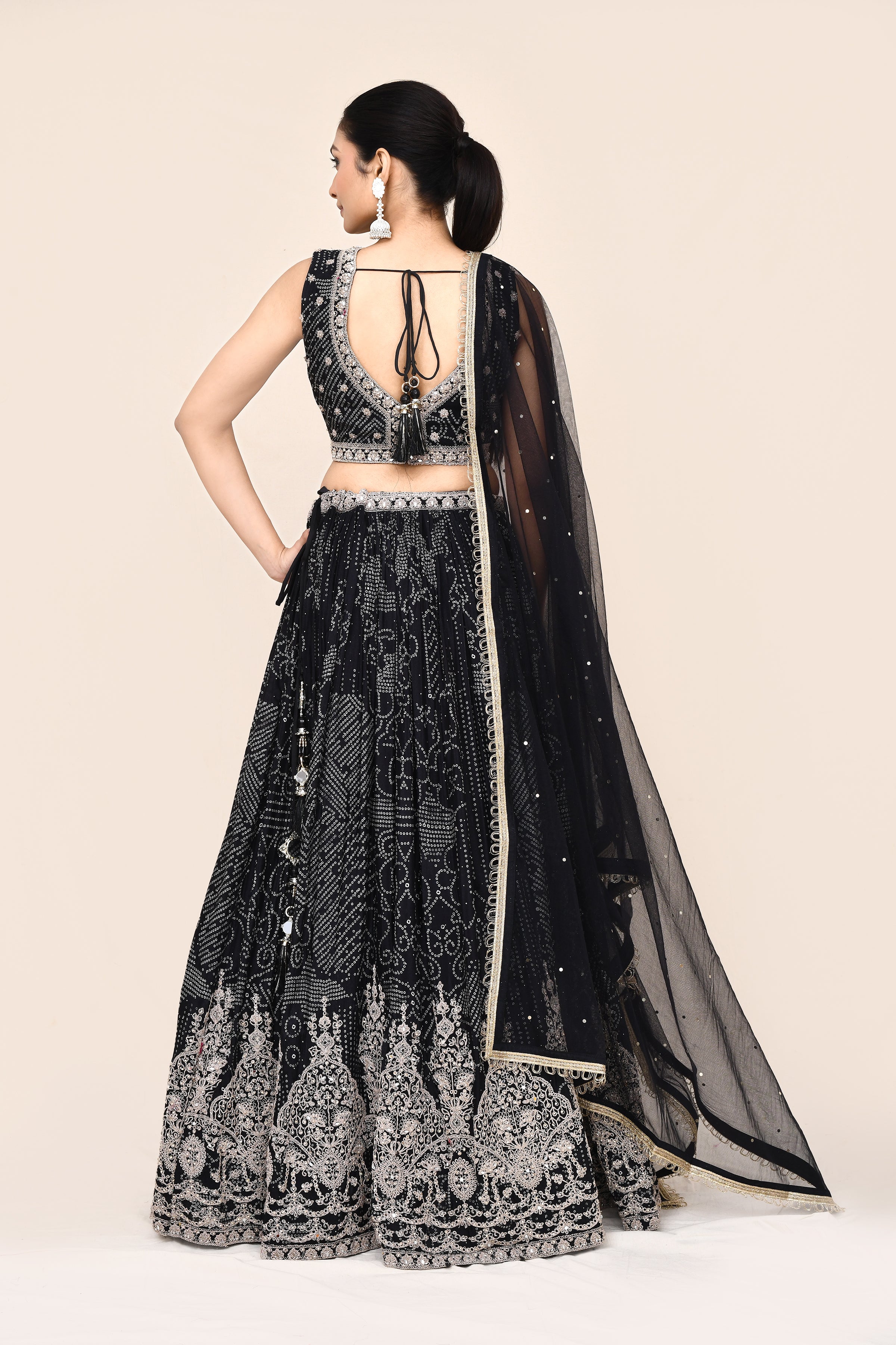 "MANSI 013" Black Pure Banarasi Crepe Designer Lehenga with Stitched Blouse