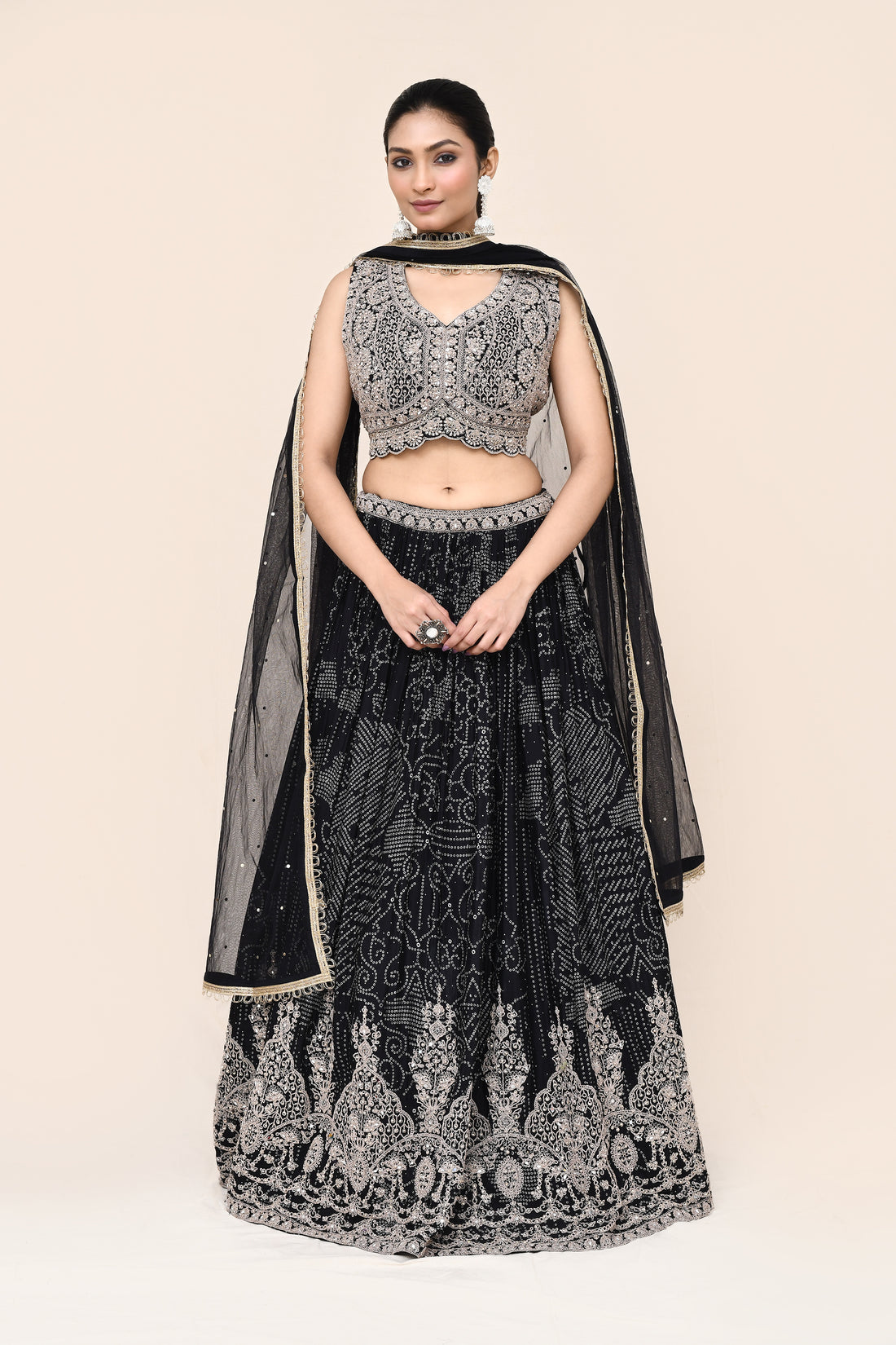 "MANSI 013" Black Pure Banarasi Crepe Designer Lehenga with Stitched Blouse