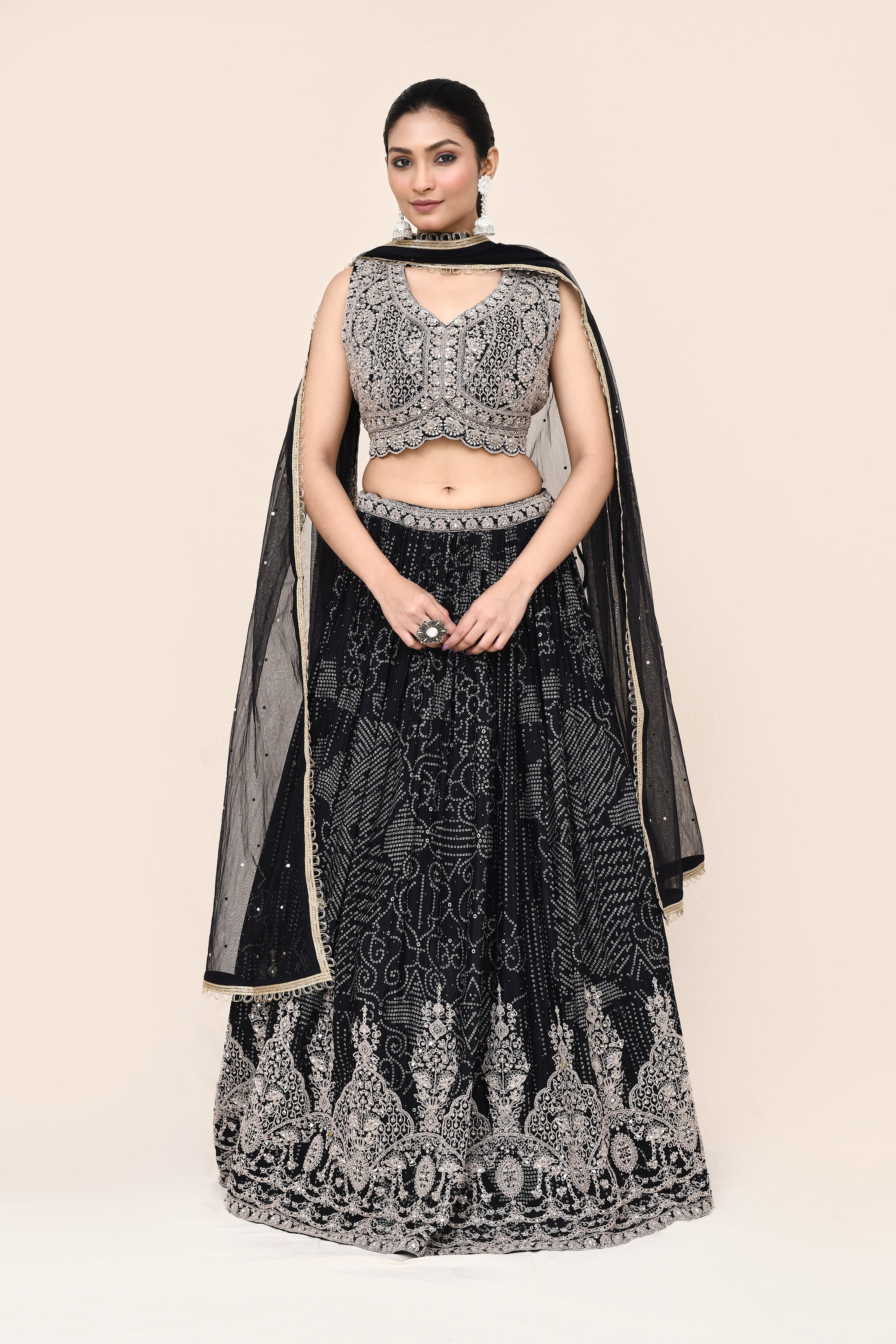 "MANSI 013" Black Pure Banarasi Crepe Designer Lehenga with Stitched Blouse
