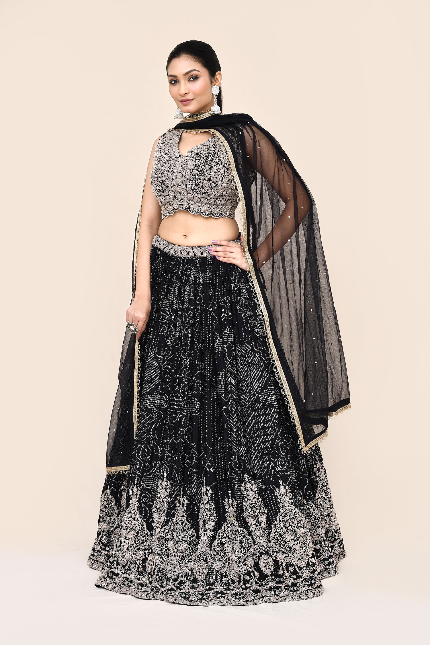 "MANSI 013" Black Pure Banarasi Crepe Designer Lehenga with Stitched Blouse