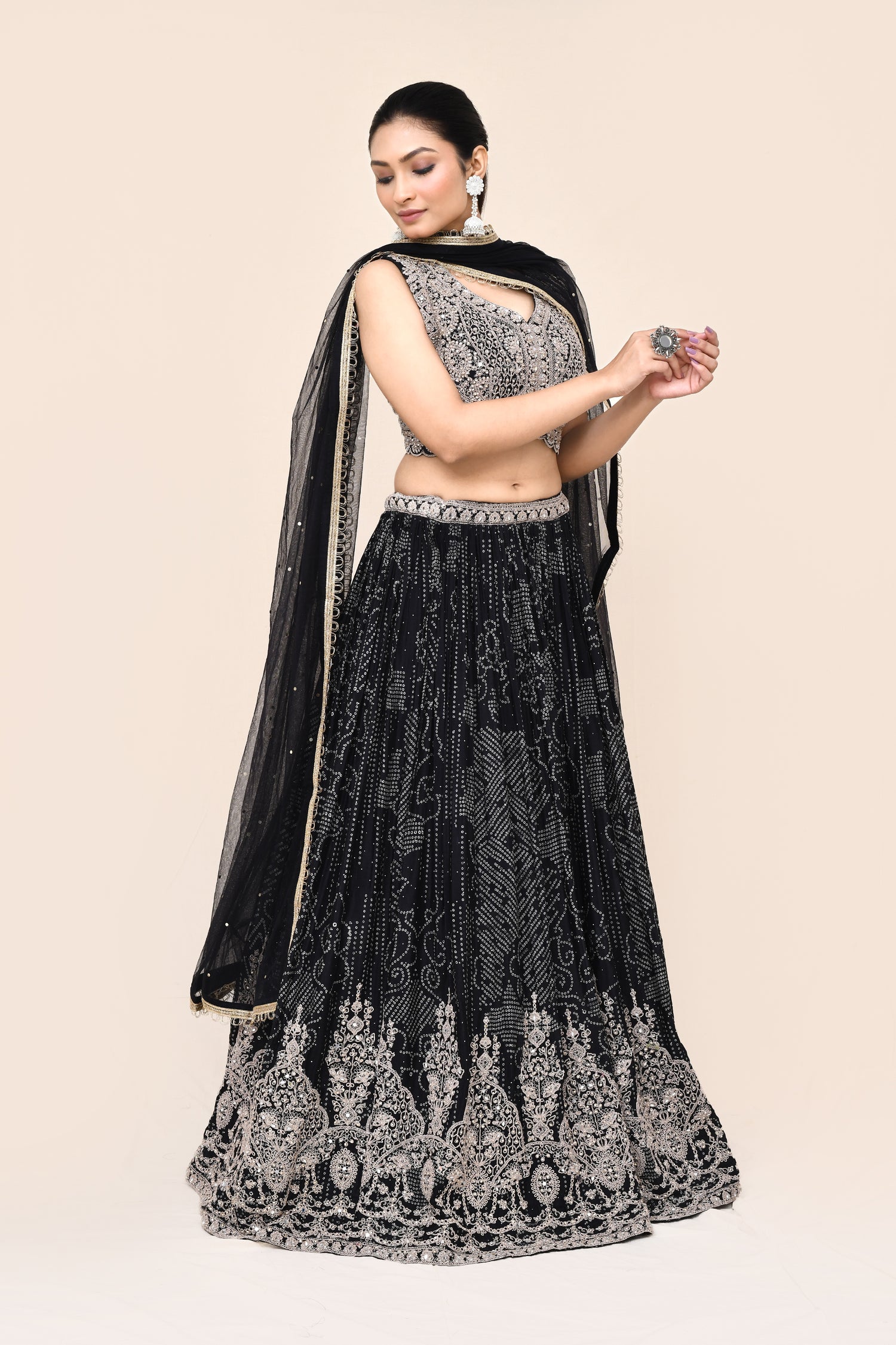 "MANSI 013" Black Pure Banarasi Crepe Designer Lehenga with Stitched Blouse