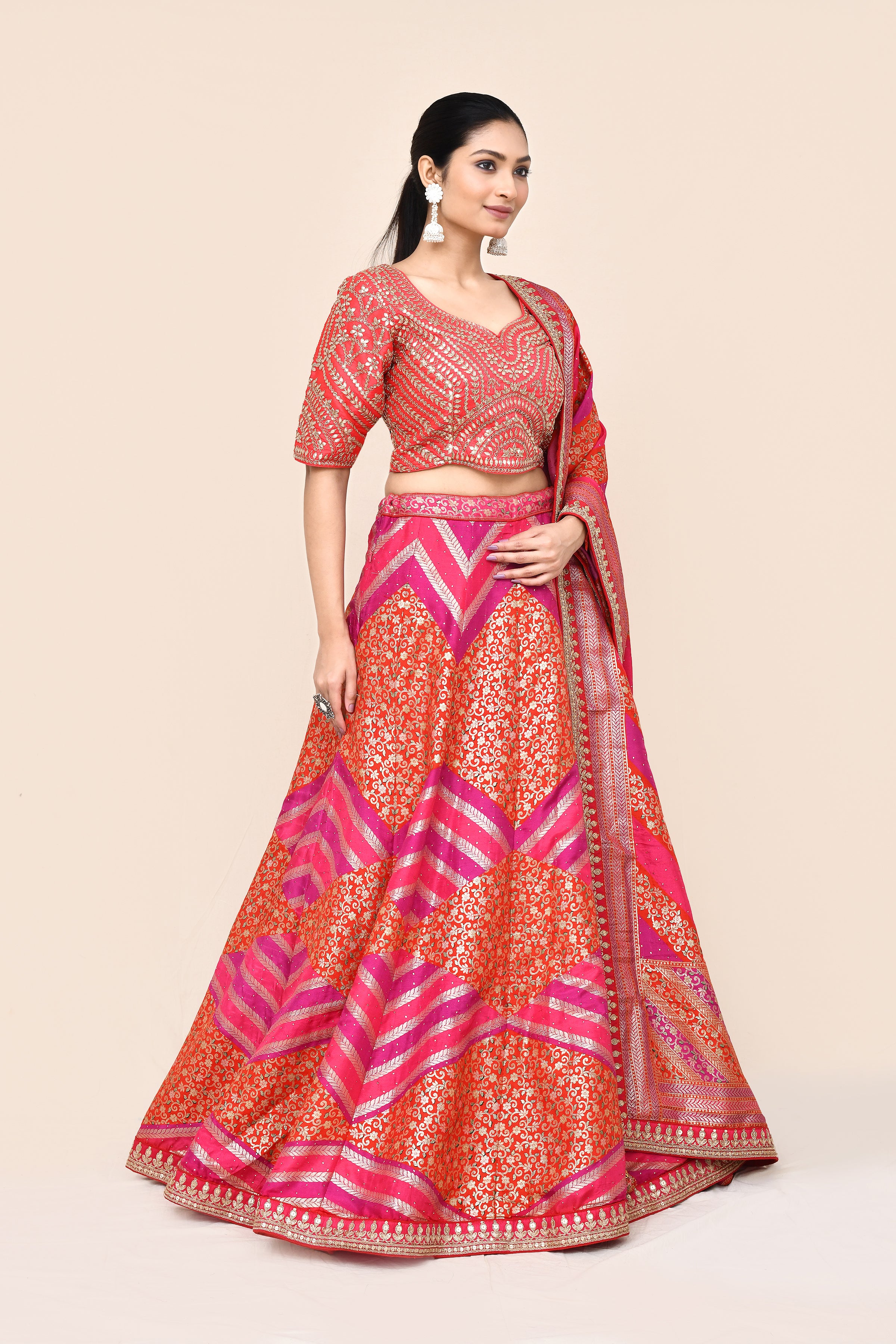 "MANSI 014" Pure Red Banarasi Lehenga