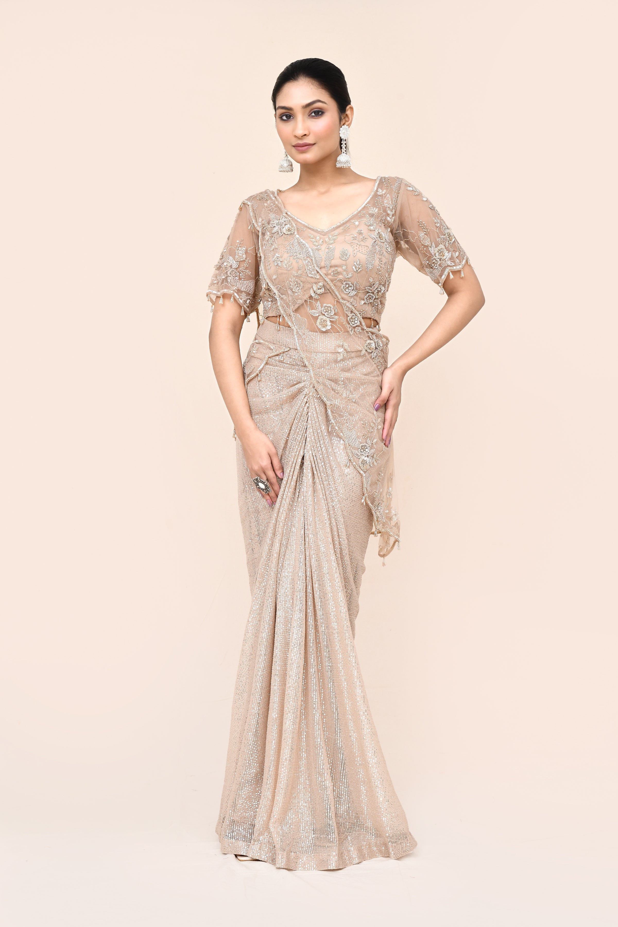 "VIRASAT 196" Chiku Color Pure Designer Stitch Saree