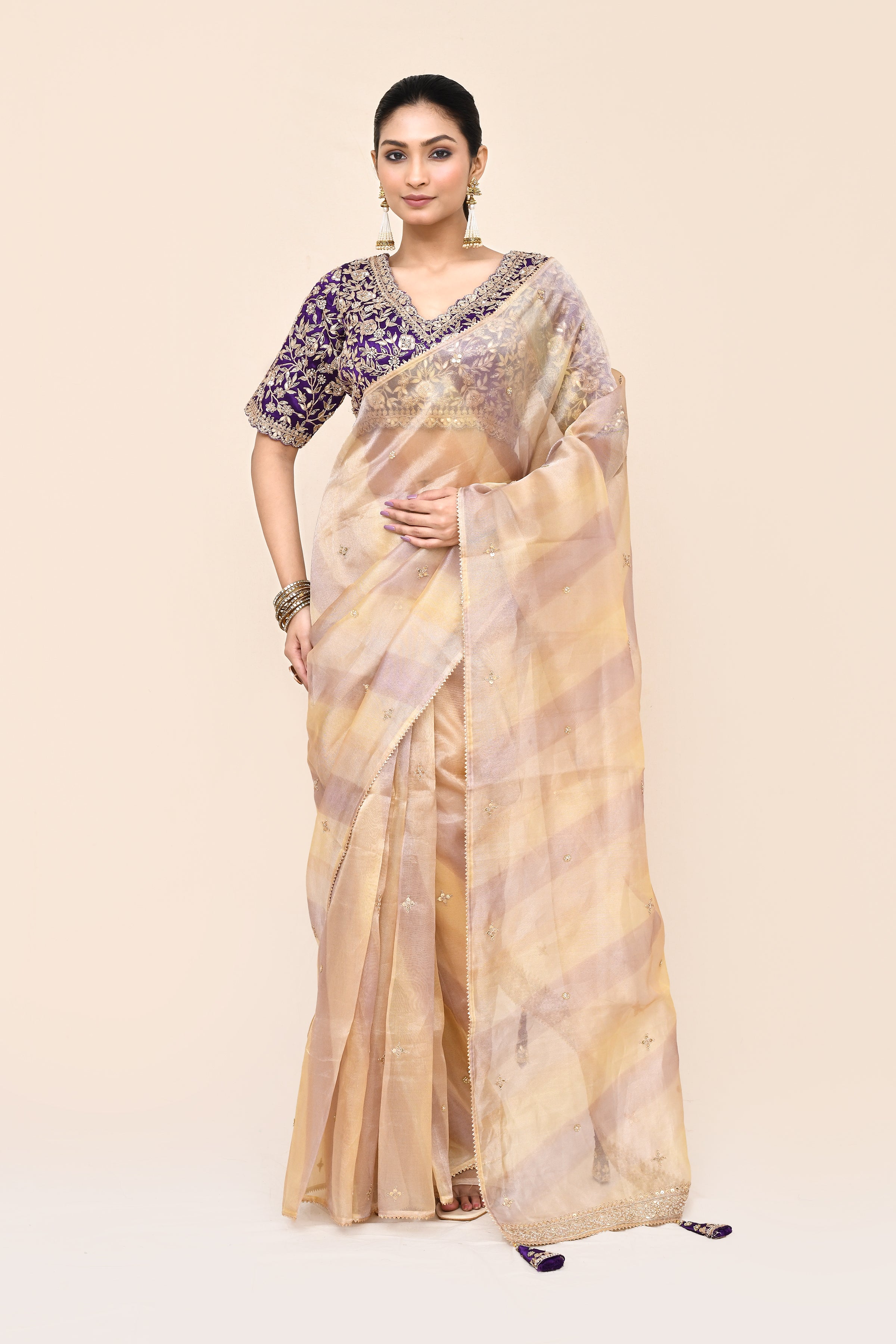 "VIRASAT 197" Cream Shade Of Pink Pure Banarasi Tissue Silk Gota Patti Work Saree