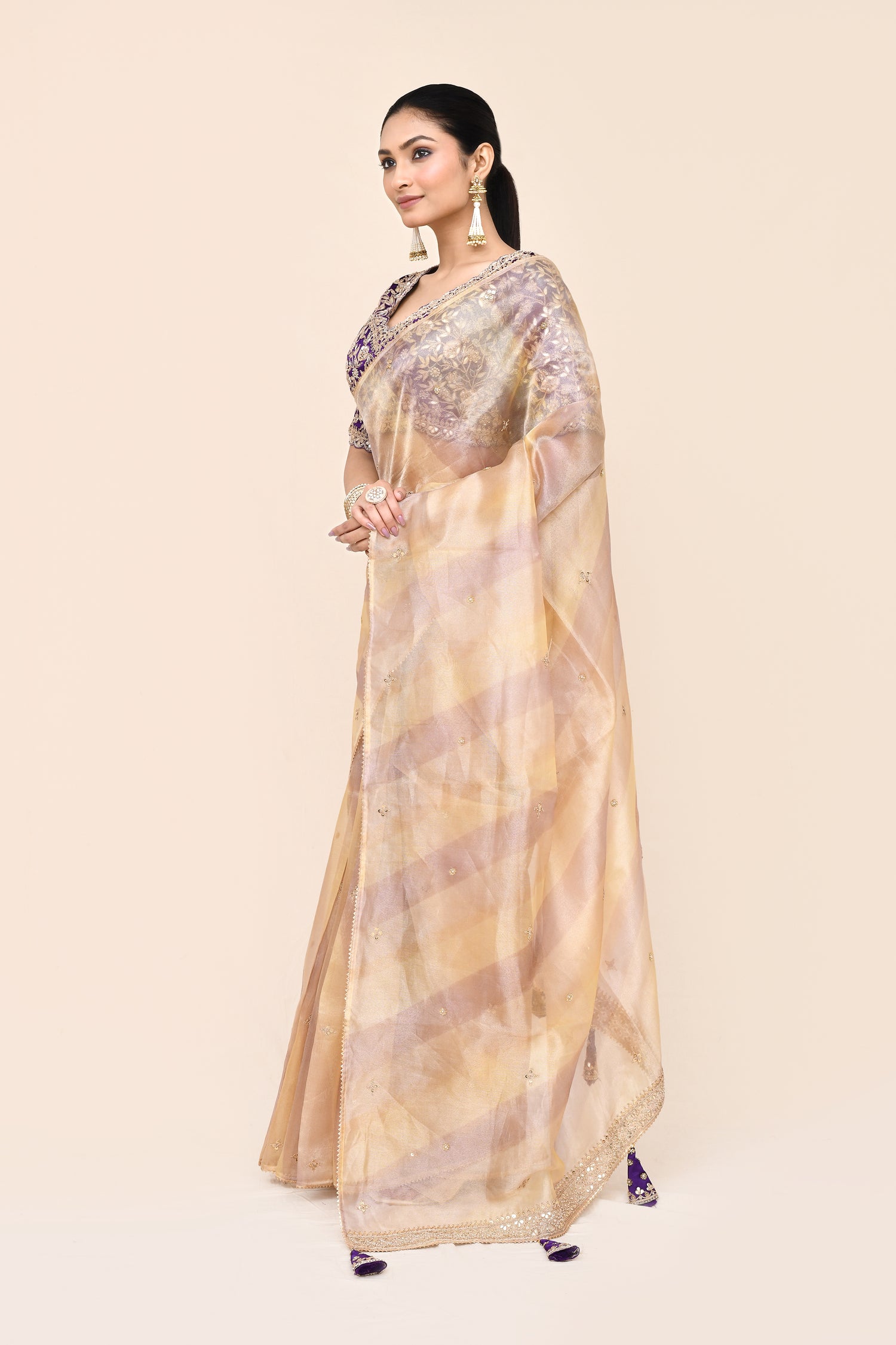 "VIRASAT 197" Cream Shade Of Pink Pure Banarasi Tissue Silk Gota Patti Work Saree