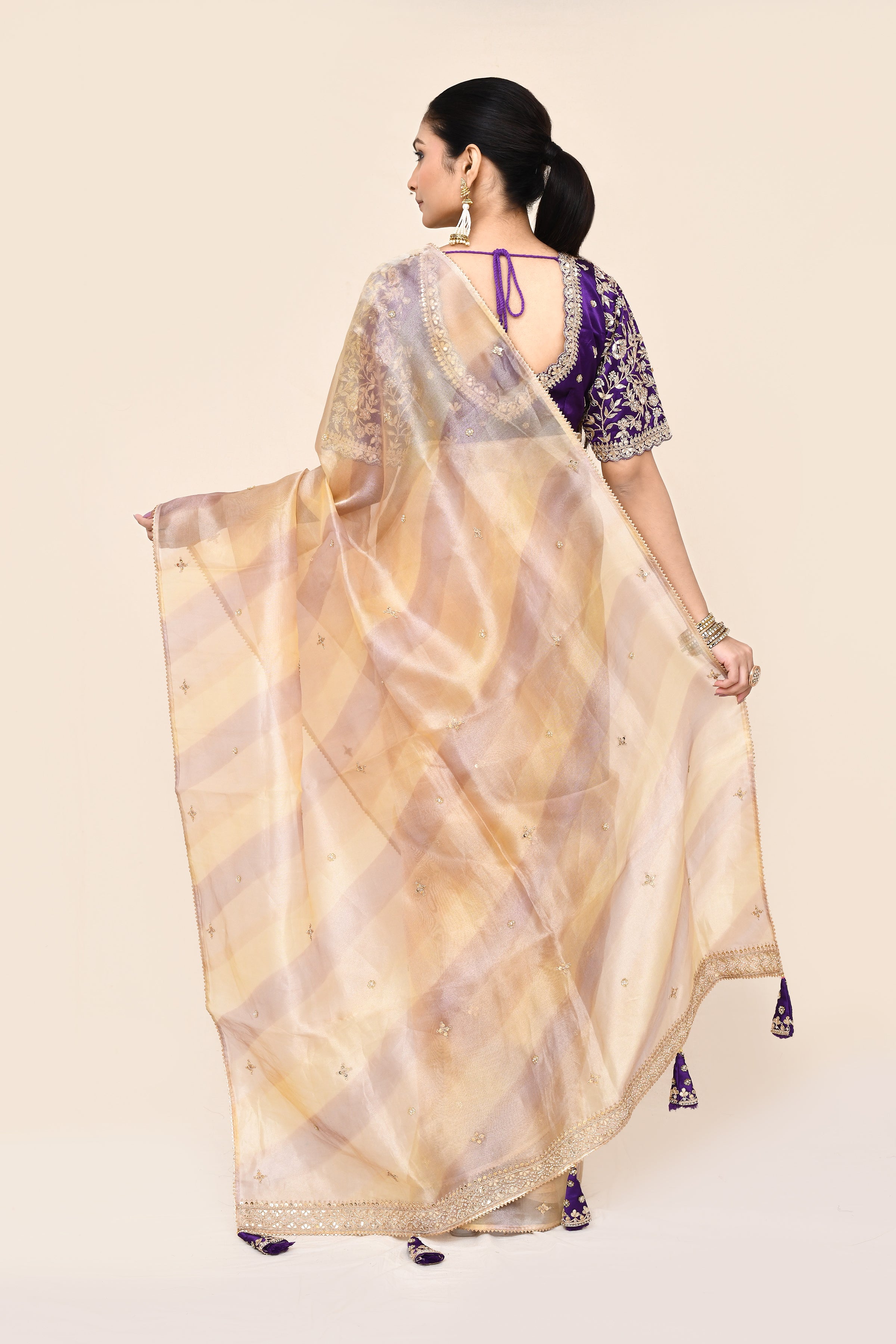 "VIRASAT 197" Cream Shade Of Pink Pure Banarasi Tissue Silk Gota Patti Work Saree
