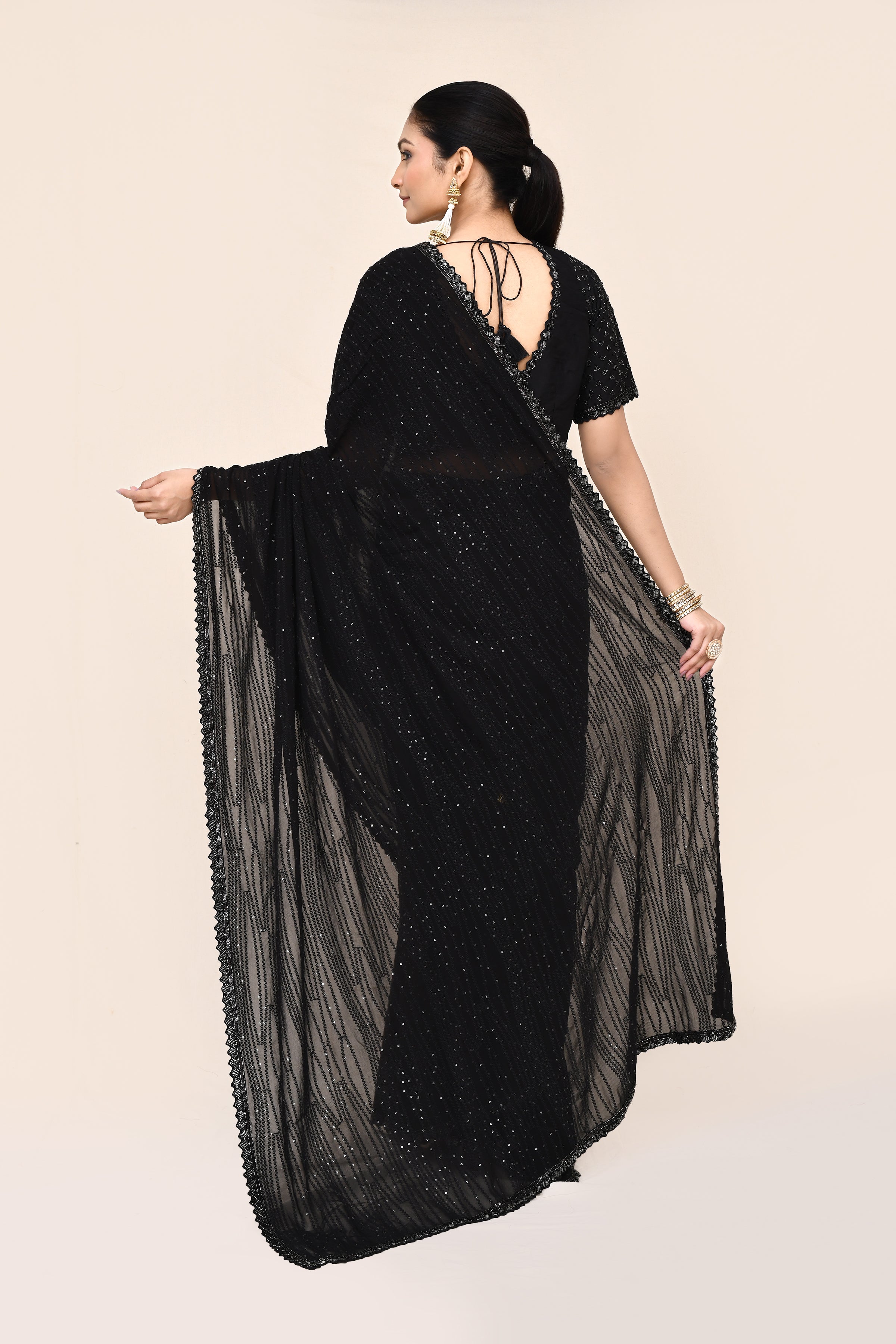 "VIRASAT 198" Black Pure Georgette Designer Saree With Stitched Blouse